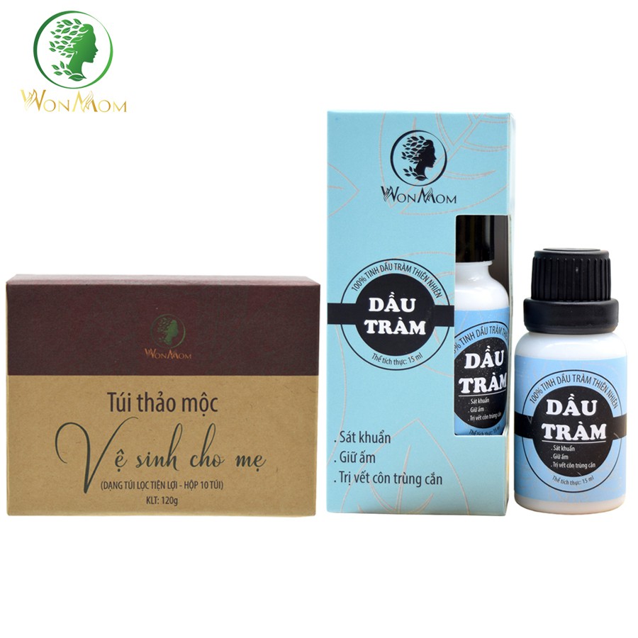 Bộ chăm sóc tình mẫu tử giúp mẹ thơm, bé khỏe Wonmom ( 1 hộp thảo mộc xông vùng kín cho mẹ + 1 dầu tràm )