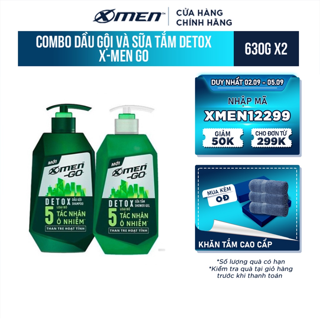 [Mã COSXMEN401 giảm 8% đơn 250K] Combo Dầu Gội Detox X-Men Go 630G và Sữa tắm Detox X-Men Go 630G