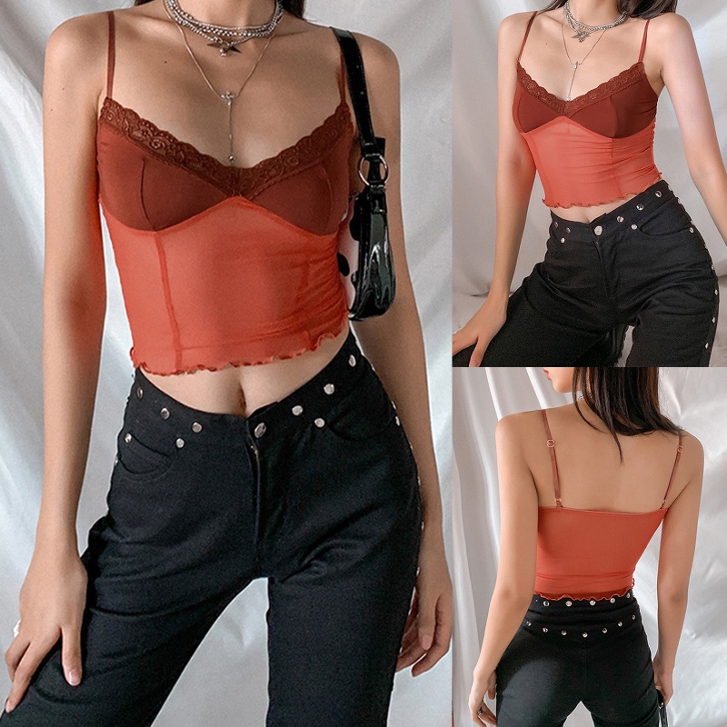 Áo Croptop Hai Dây Cổ Chữ V Phối Ren Xuyên Thấu Gợi Cảm Cho Nữ