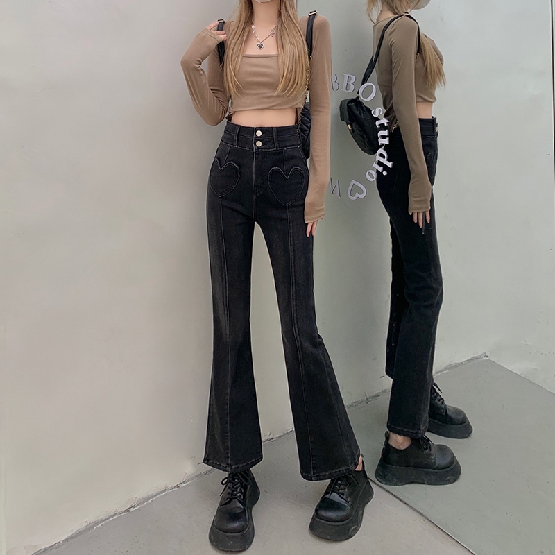 Quần Denim Ống Loe Lưng Cao Có Túi In Hình Trái Tim Thời Trang Mùa Thu Cho Nữ