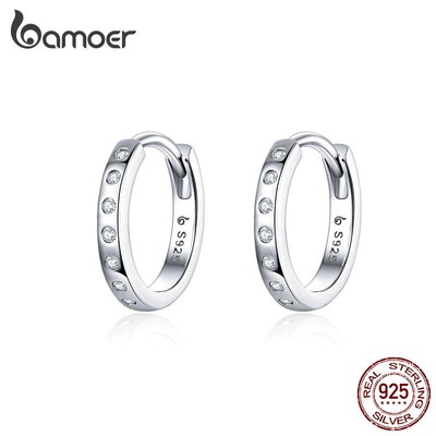 Bông tai dạng vòng BAMOER bạc Sterling 925 thiết kế tối giản phong cách Hàn Quốc hợp thời trang cho nữ