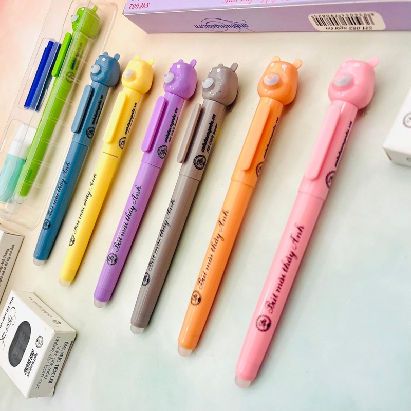 Bút máy hình gấu gắn ống mực xoá được SH082,ngòi kim êm