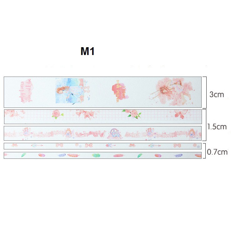 Set 5 Cuộn Băng Dính Washi Tape Cuộn 3m  Nhiều Họa Tiết Đẹp, Độc Đáo Dùng Trang Trí Sổ Tay, Sổ Nhật Ký, Sổ Kế Hoạch