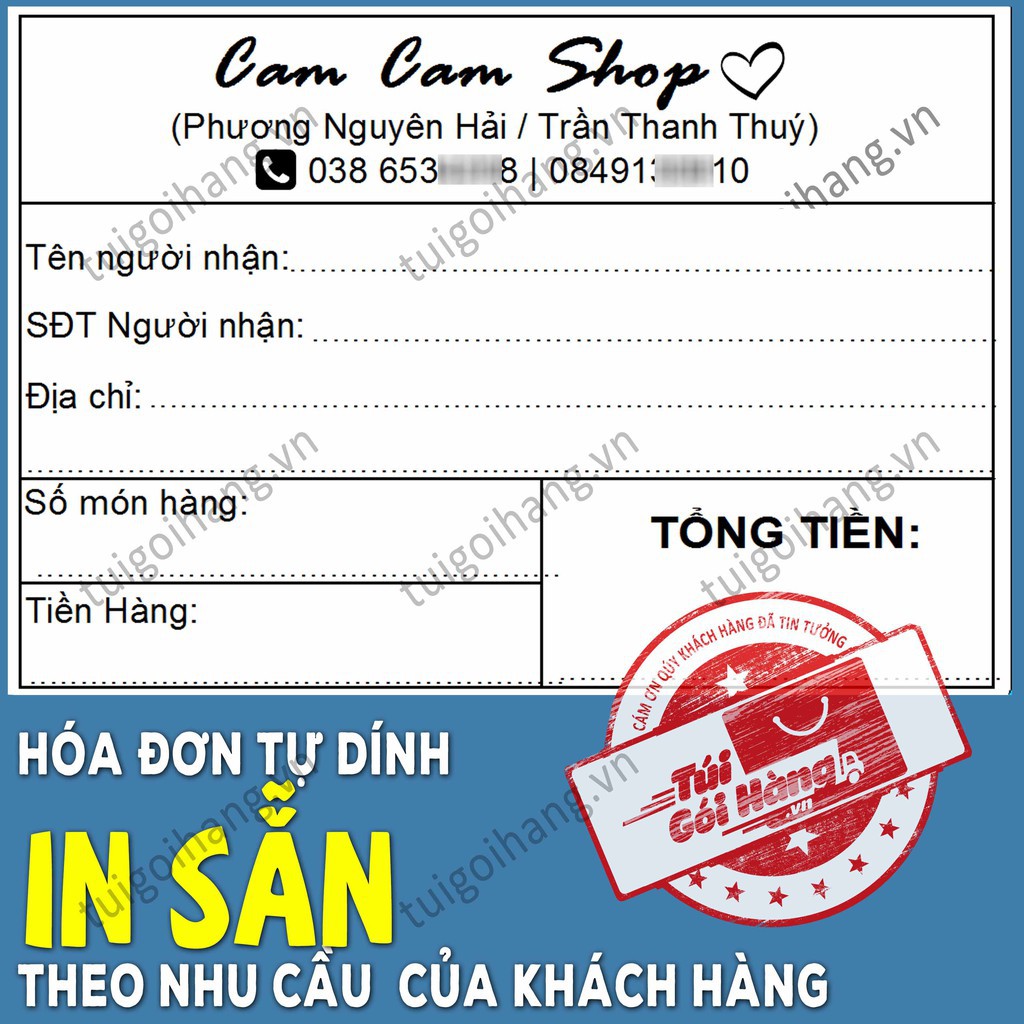 Hóa Đơn In Sẵn TUIGOIHANG Khổ 70x100mm Cuộn 300 Tem Thiết Kế Riêng Theo Shop