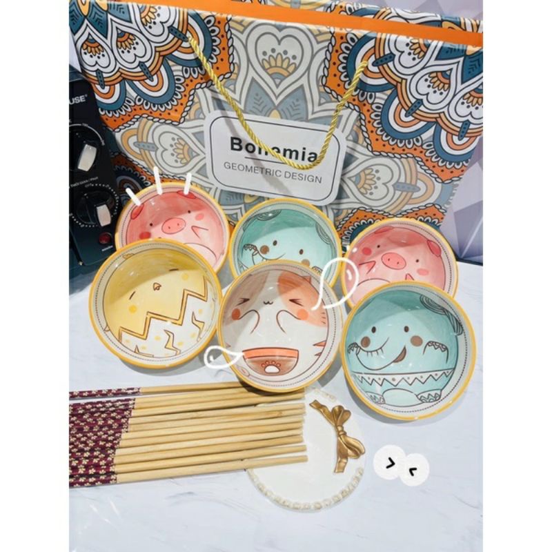 KÈM HỘP -Bộ bát, set 6 bát thú kèm đũa siêu cute, siêu đáng yêu, siêu tiện lợi giao ngẫu nhiên