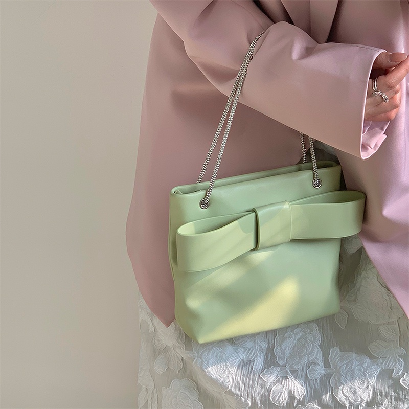 IELGY Túi Đeo Chéo Dây Xích Phối Nơ Màu Trơn Thời Trang Cho Nữ