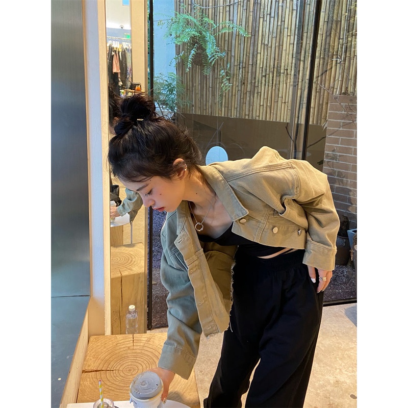 Áo khoác cardigan ngắn vải denim kiểu retro Hong Kong thời trang ngọt ngào cho nữ