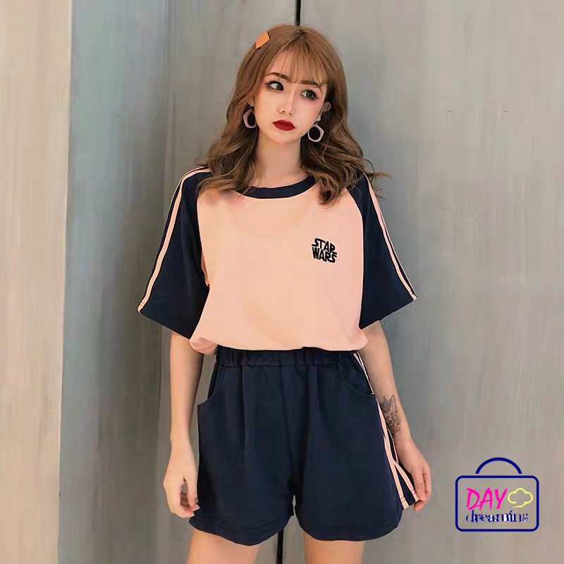 Set Áo Thun Ngắn Tay Cổ Tròn+quần Short Ống Rộng Thời Trang Nữ