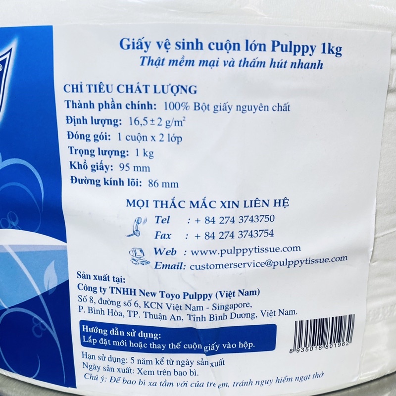 Giấy Vệ Sinh Cuộn Lớn Cao Cấp Pulppy 1Kg x2 Lớp JRT Bathroom Tisue