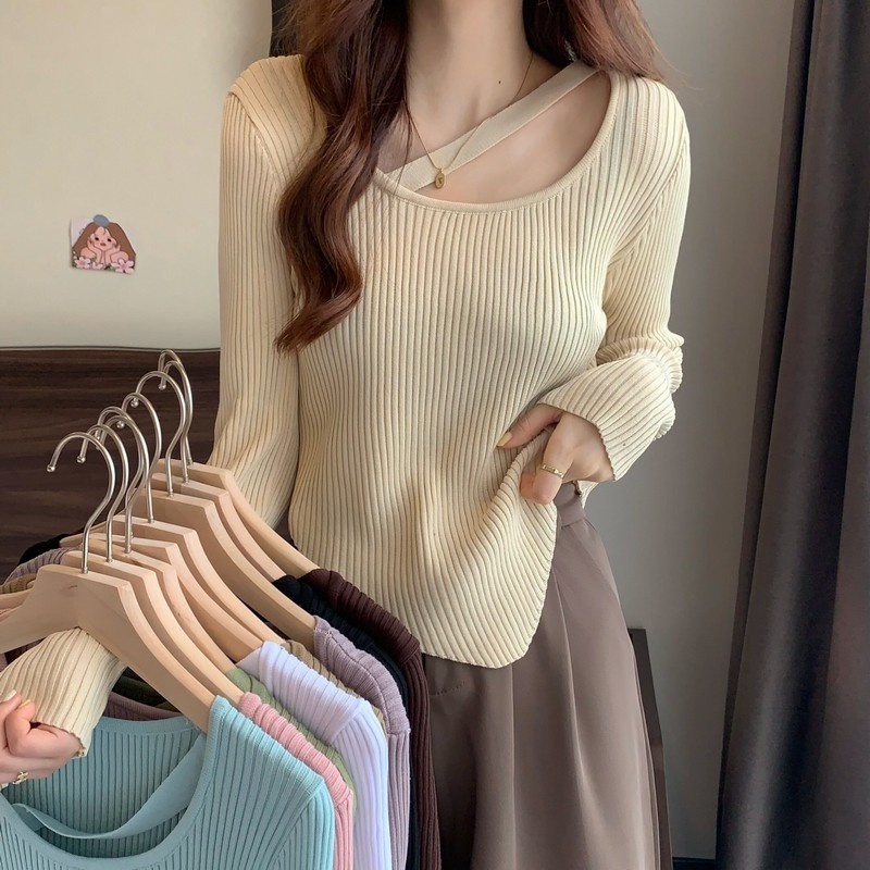 【Alice】 Áo Dệt Kim Tay Dài Hở Xương Quai Xanh Quyến Rũ Hợp Thời Trang