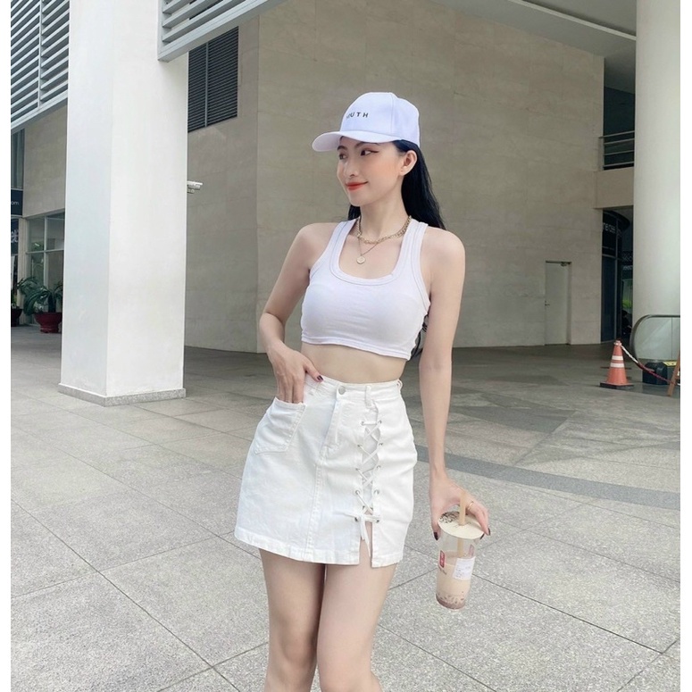 Chân Váy Jean Aiori Cao Cấp Chất Vải Co Giãn Dây Buộc Chéo Có Giả Quần Bên Trong Phong Cách Hàn Quốc