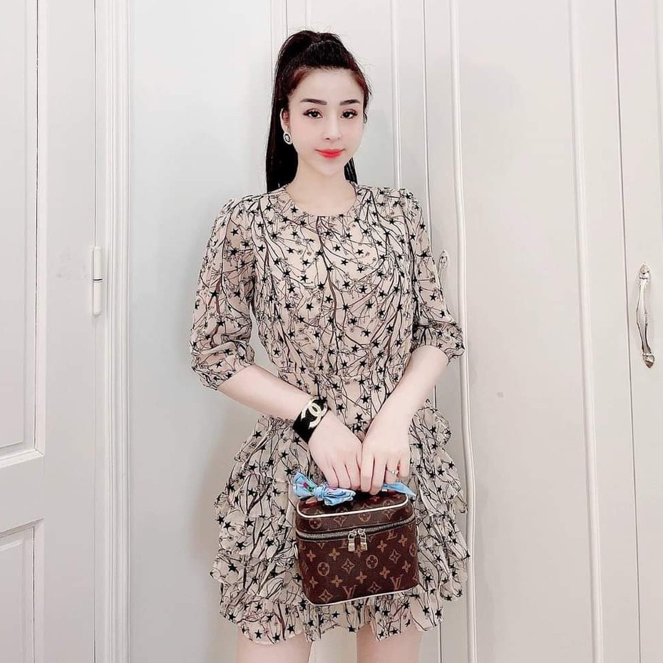 Đầm Xòe Tầng Họa Tiết Cổ Tròn Tay Lửng Thời Trang 2020