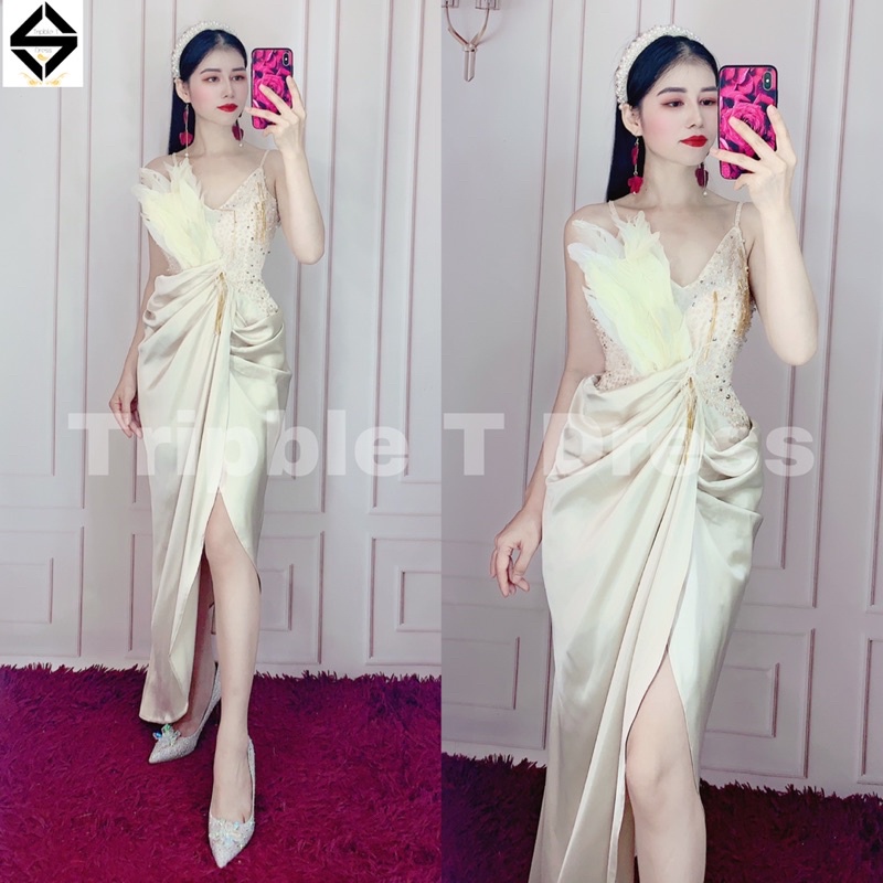 Đầm body dự tiệc 2 dây kết lông và cườm ôm dáng gợi cảm chất phi lụa MYMY02 - size M/L - MS371V