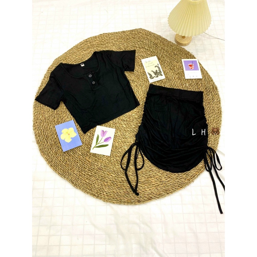 Set Áo Crotop Cổ U Kèm Chân Váy Dây Rút Bigsize Siêu Xinh