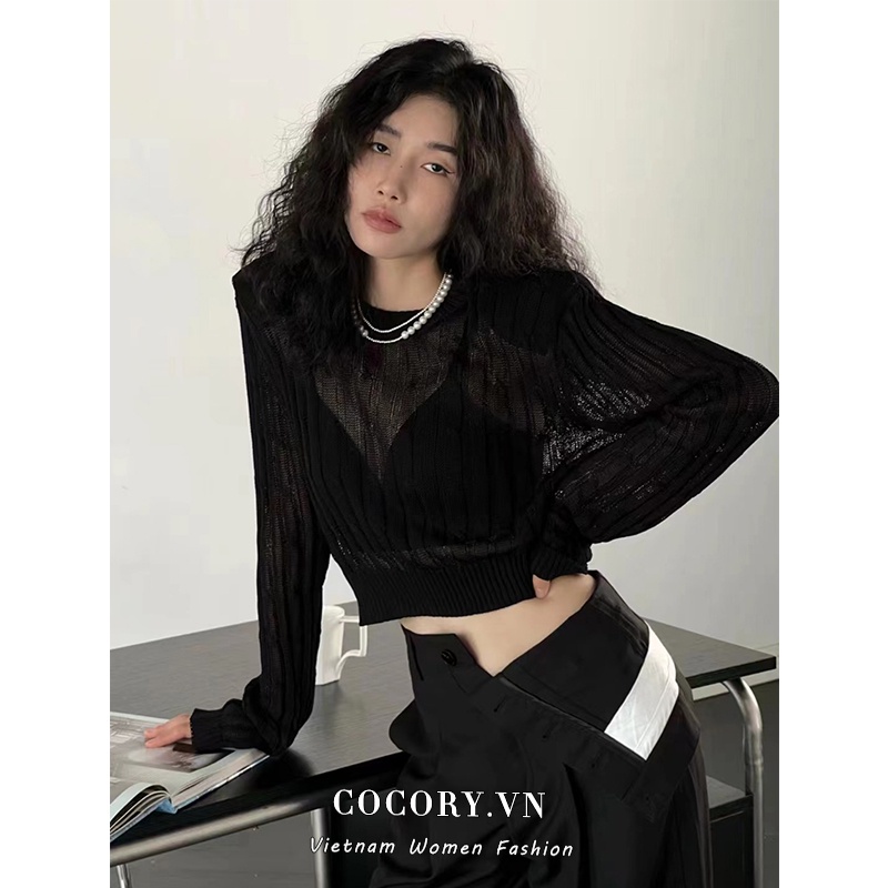 Cocory vn Áo Croptop Dệt Kim Tay Dài Thiết Kế Hợp Thời Trang