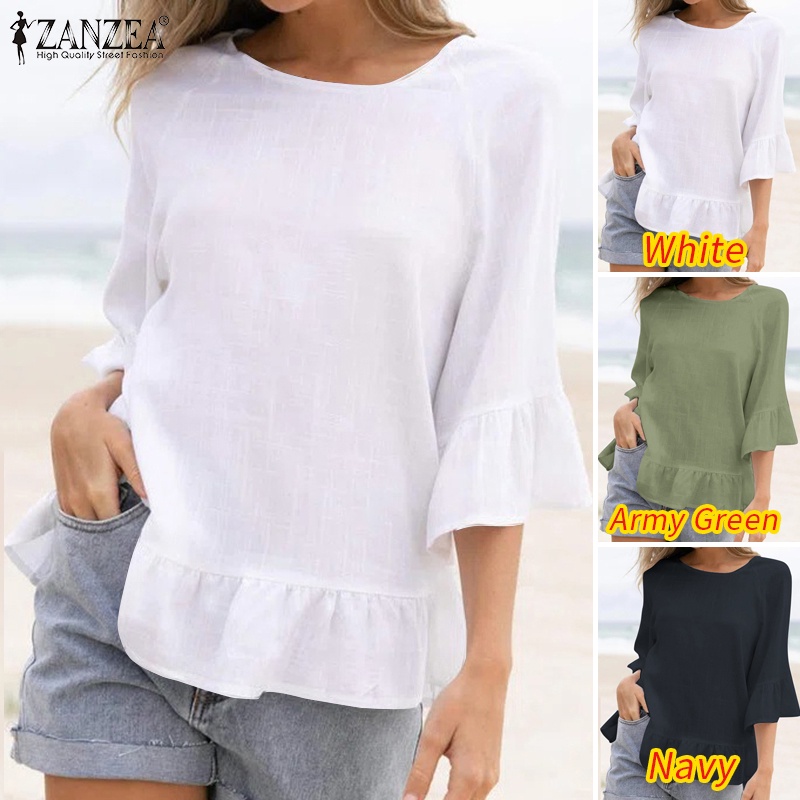 Áo Kiểu Cổ Tròn Tay 3/4 Nhún Bèo Màu Trơn Phong Cách Vintage ZANZEA Dành Cho Nữ