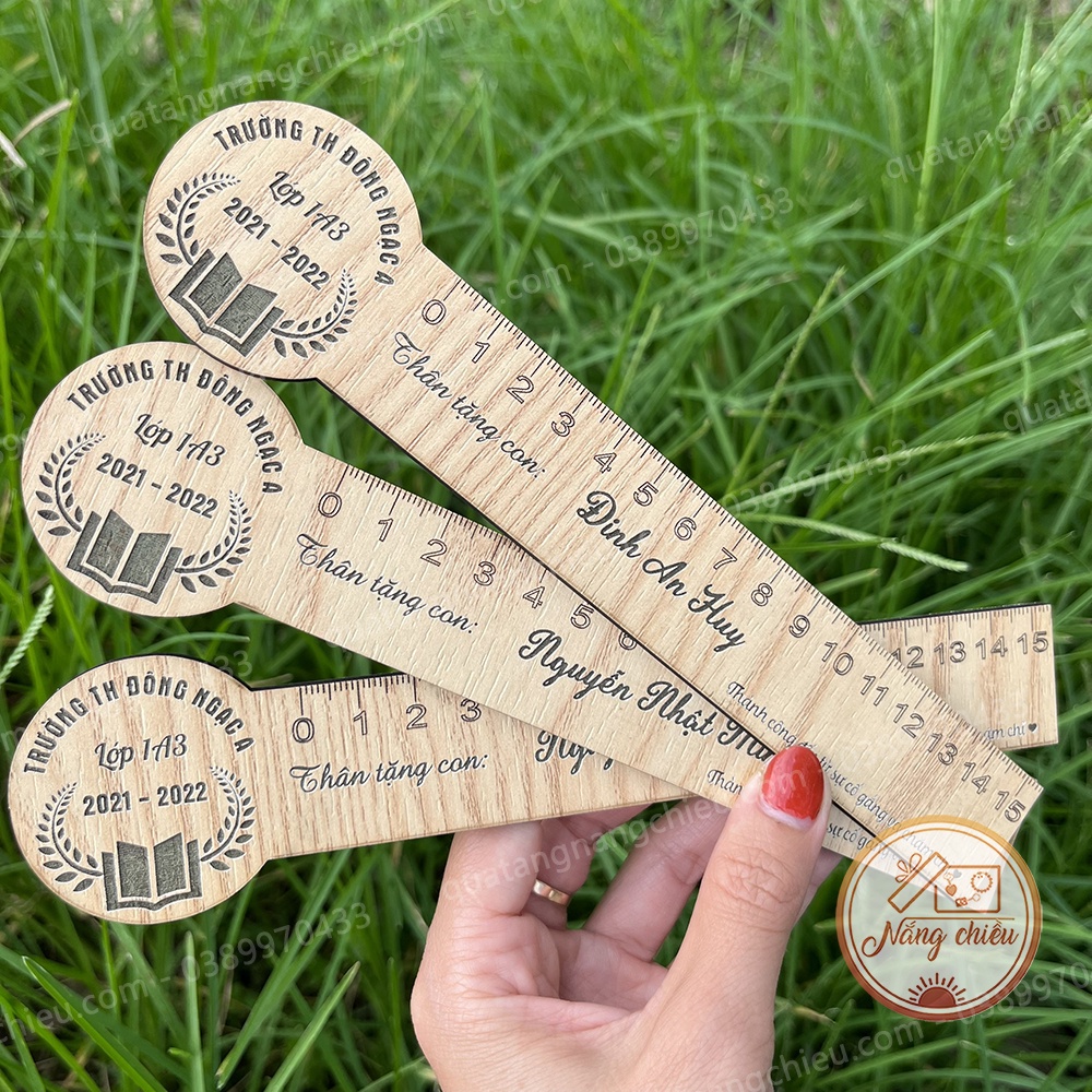 Thước gỗ khắc laser các hình ngẫu nhiên - Dụng cụ học tập khắc tên theo yêu cầu - Độ dài 15cm