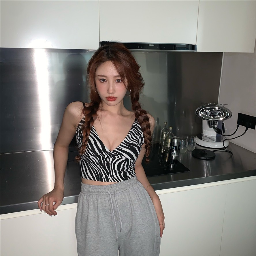 Áo Hai Dây Xiaozhainv Cổ Chữ V Họa Tiết Sọc Ngựa Vằn Phong Cách Vintage Gợi Cảm Kiểu Hàn Quốc