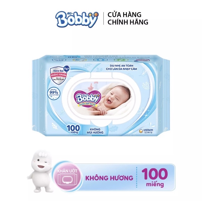 Khăn ướt Bobby không mùi 100 miếng