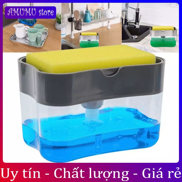 Hộp đựng xà phòng, nước rửa chén bơm tự động( tặng kèm miếng bọt biển rửa bát)