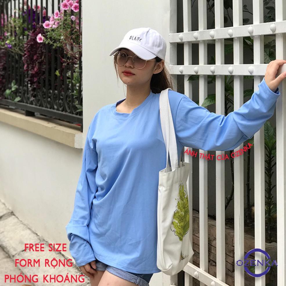 Áo phông nữ rộng tay dài cổ tròn , áo thun trơn đẹp chất thun Hàn 4 màu free size OZENKA  ATH 401 . .