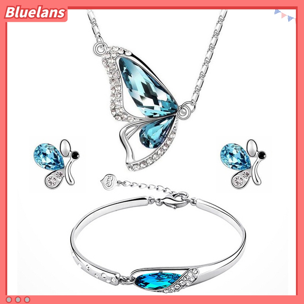 Bộ Vòng cổ + Cặp Khuyên Tai + Vòng Tay Hình Bướm Đính Đá Nhân Tạo Thời Trang