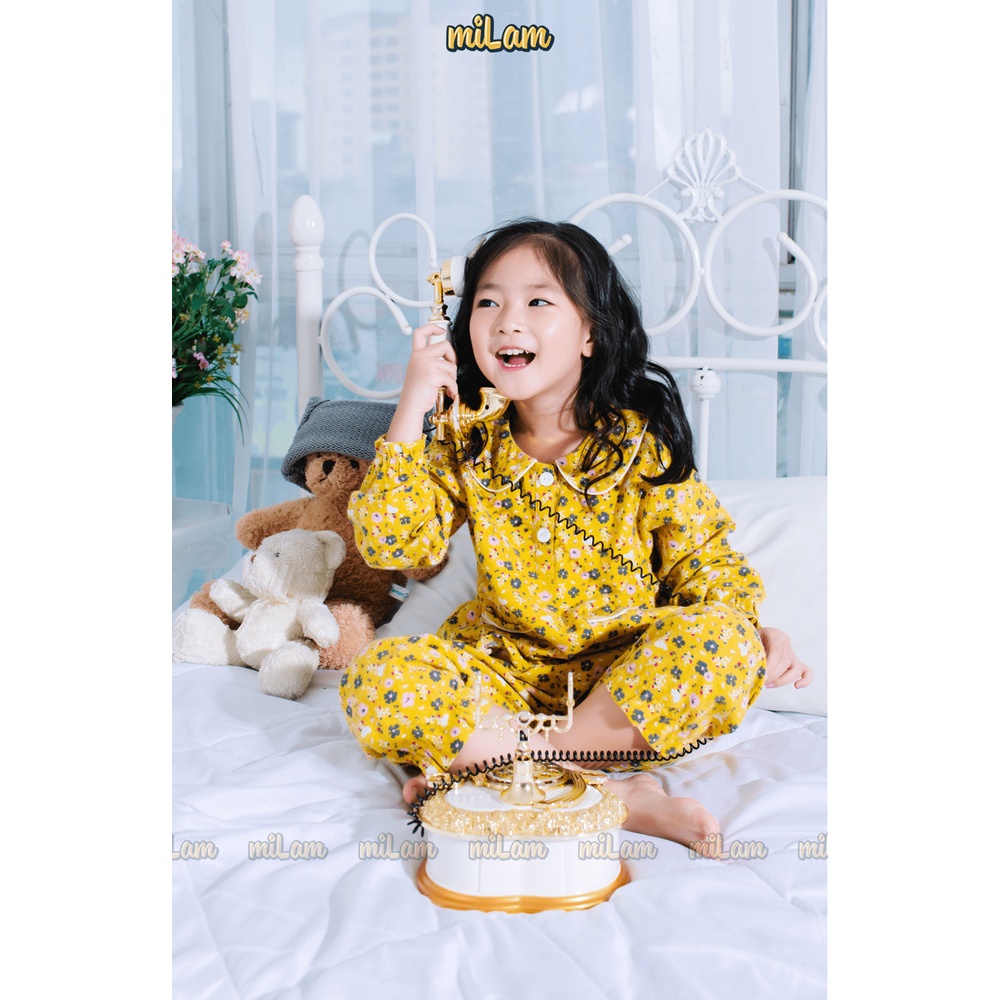 Bộ ngủ Pijama thu đông dài tay hoa nhí vải Hàn Quốc cho bé gái 15kg tới 40kg
