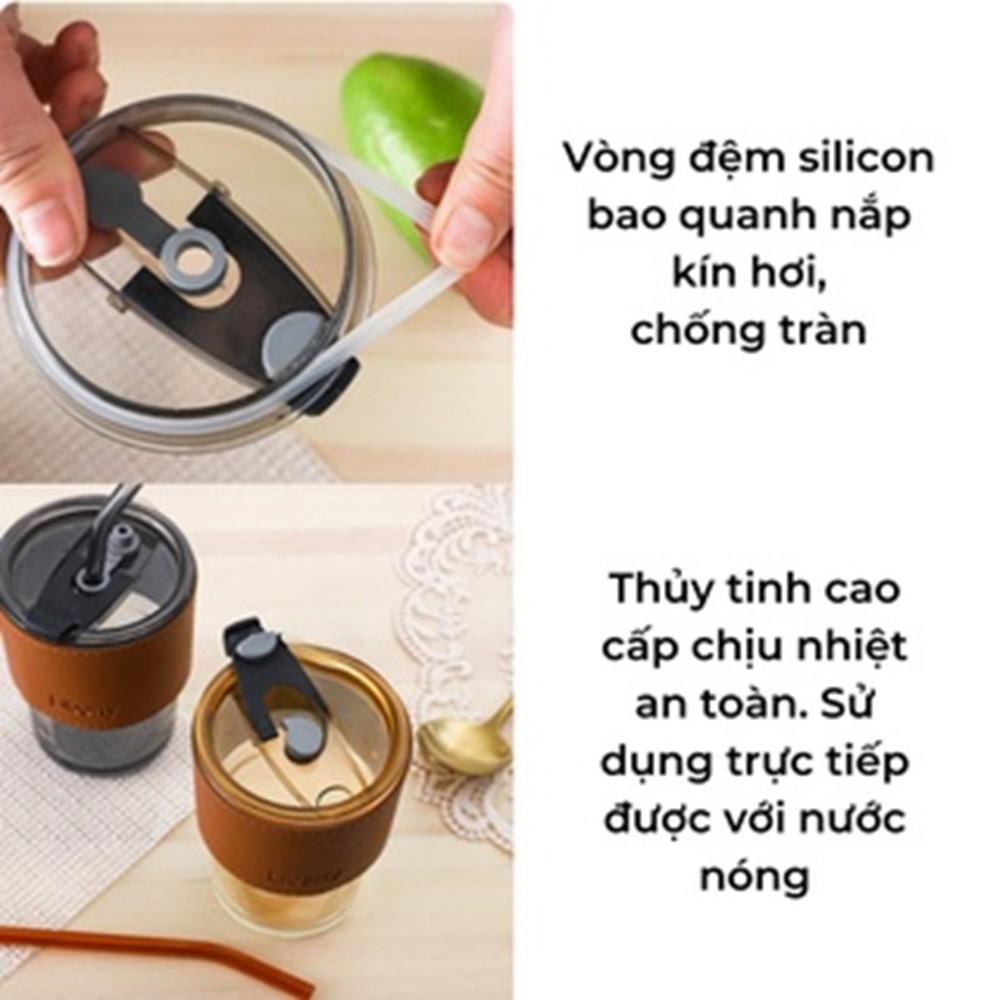 Ly thủy tinh chịu nhiệt nóng lạnh (kèm Vỏ da + Nắp + Ống hút) 400ml KM22051