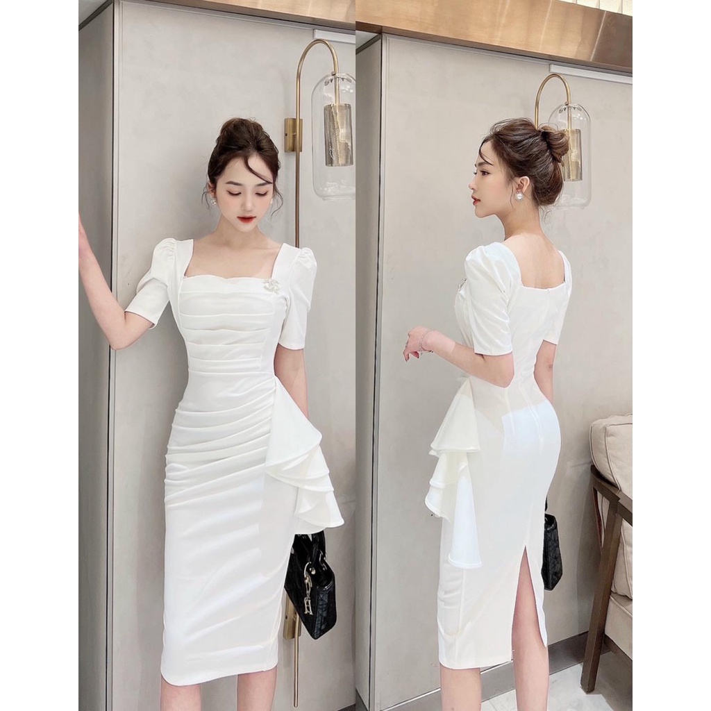 Váy đầm cổ vuông tay bồng chất liệu umi co giãn 4 chiều nhúm ly bụng bèo sườn.