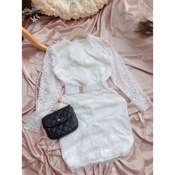 Đầm body ren kèm belt, váy body ren tay dài cao cấp | BigBuy360 - bigbuy360.vn