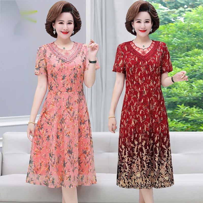 Đầm Chiffon Tay Ngắn Cỡ Lớn Thời Trang Cho Phụ Nữ Trung Niên