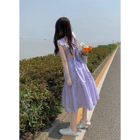 Hàng Quảng Châu Taobao Váy maxi tím 2 dây nơ lưng đi chơi đi biển Đầm Hai Dây Màu Tím Khoai Môn Siêu Mỏ