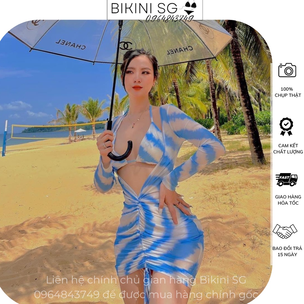 (Hàng loại 1) Sét 3 món bikini 2 mảnh kèm áo choàng lưới dây rút màu xanh loang dương sexy đi biển cực xinh BIKINI SG