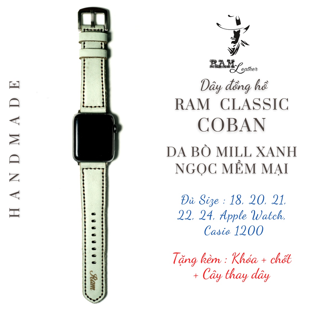 Dây đồng hồ Apple Watch da bò thật - RAM Leather Classic xanh ngọc