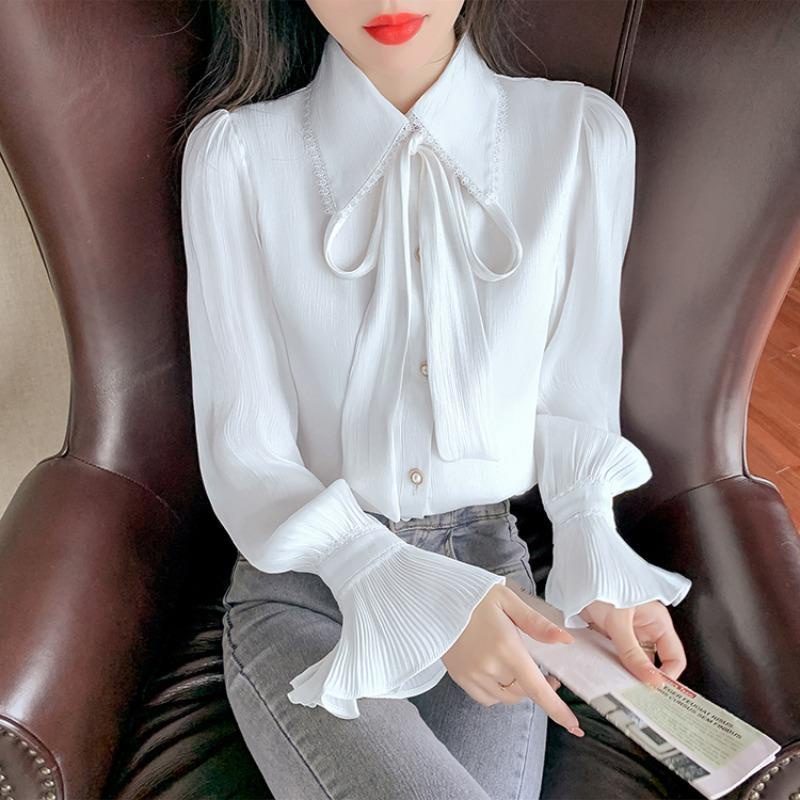 Áo Chiffon Nữ Tay Dài Ống Loe Thắt Nơ