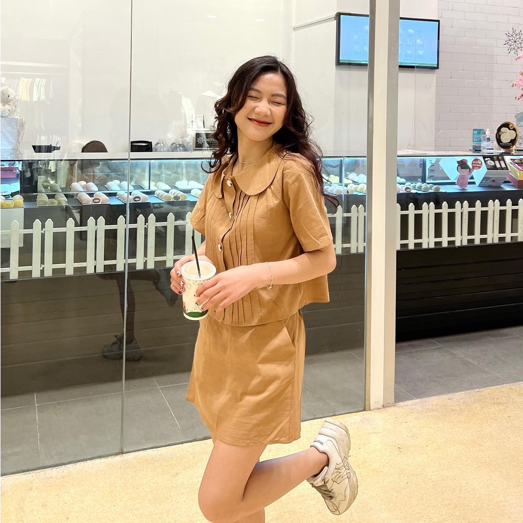 (FREESHIP) Set áo chân váy đũi mềm xếp ly Miho house