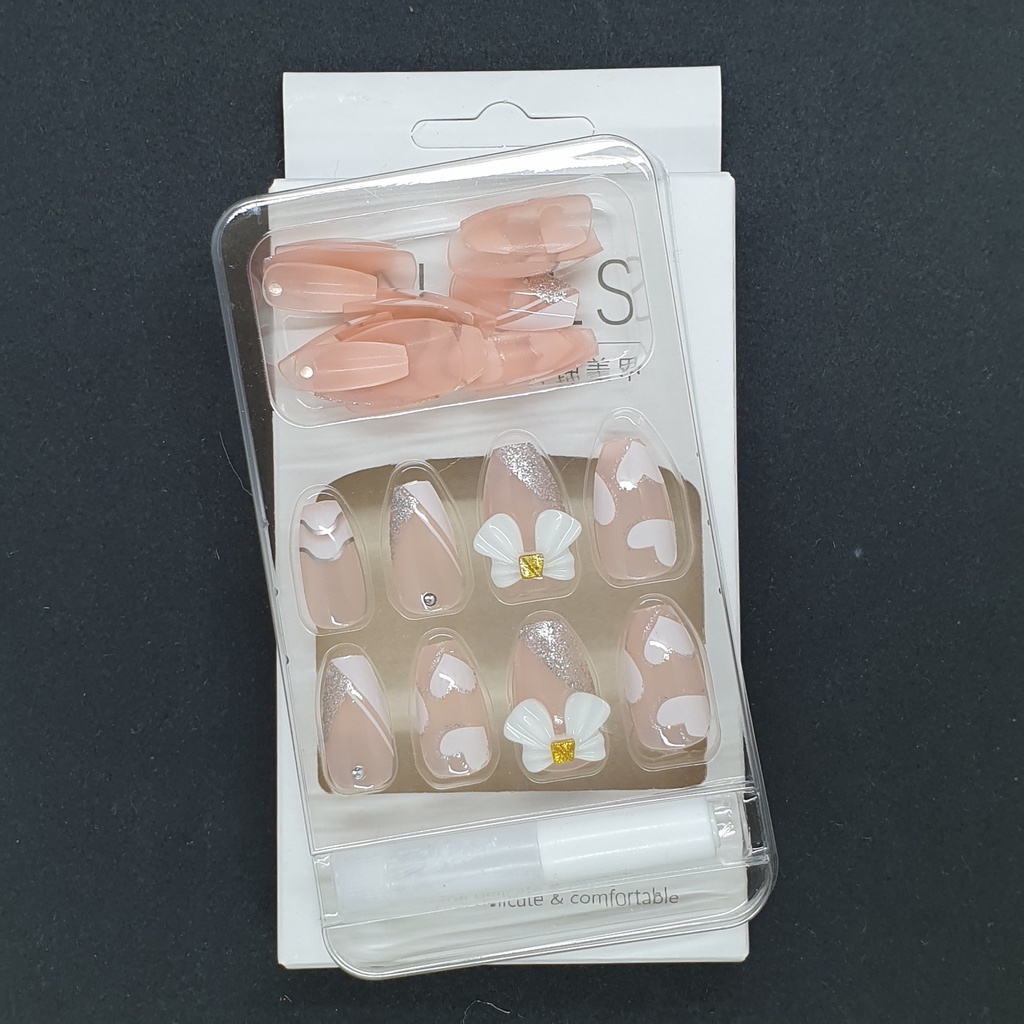 Bộ 24 móng tay giả đính đá nơ họa tiết tim  SẴN KEO DÁN