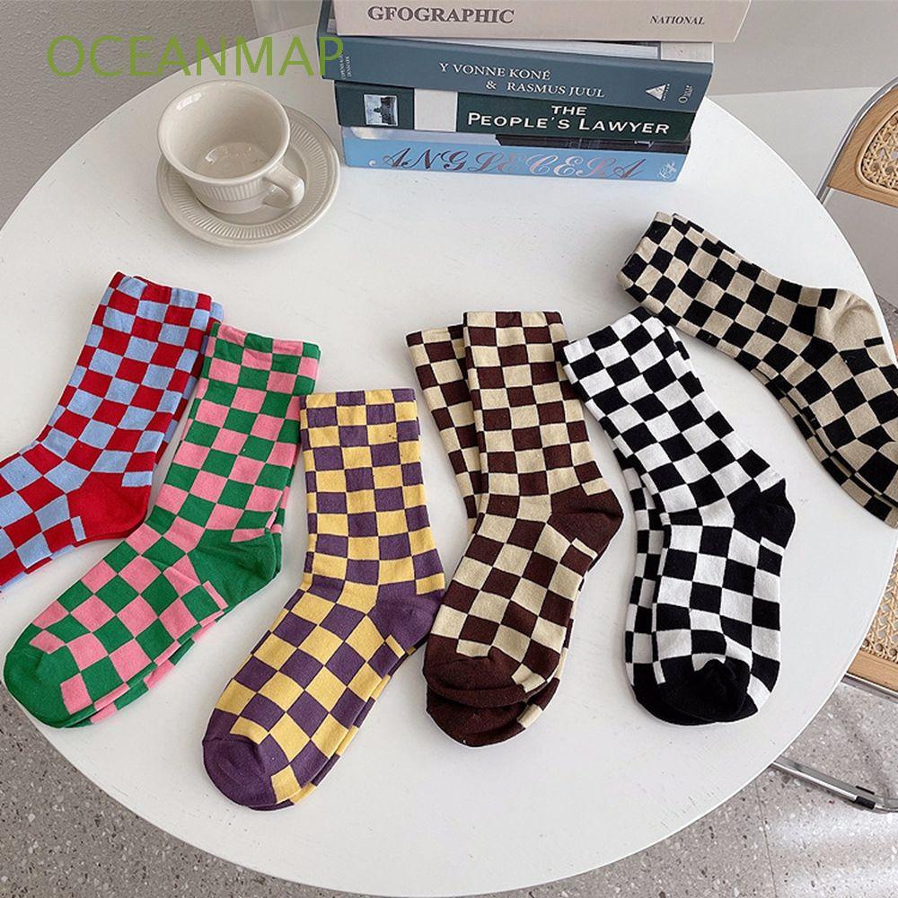 Vớ cotton thoáng khí họa tiết sọc ca rô phong cách harajuku xinh xắn cho nữ