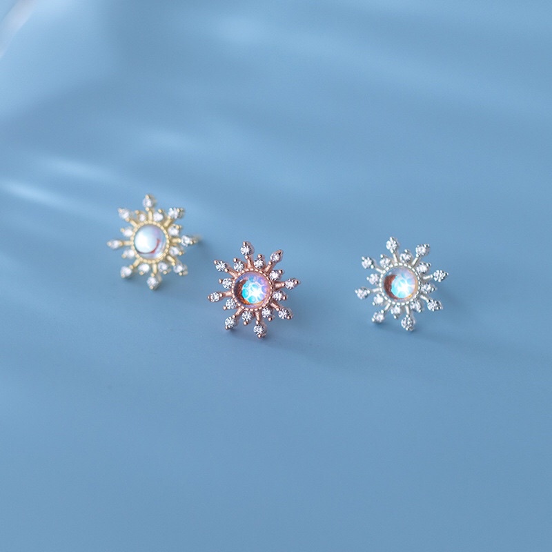 Bông tai bạc đá Moonstone nhân tạo hình hoa tuyết, bông tai bạc nữ Blackmeo