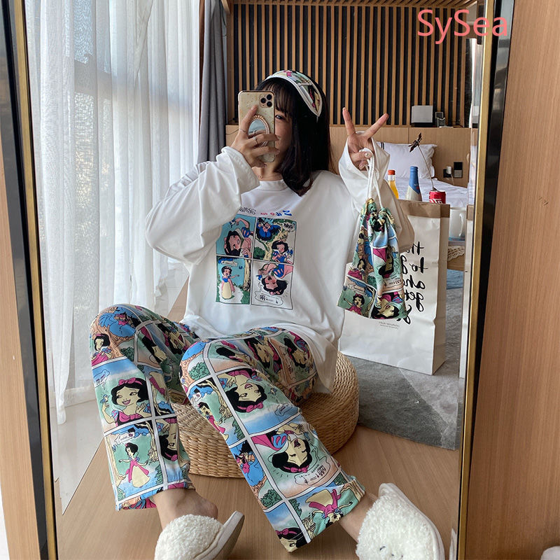 Bộ đồ ngủ tay dài dáng rộng in họa tiết hoạt hình phong cách Hàn Quốc đáng yêu cho nữ
