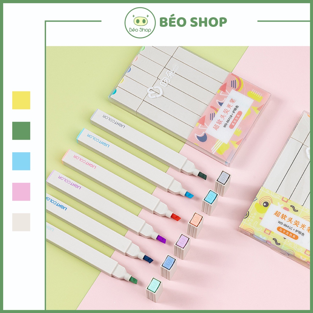 Set 6 bút highlight hình vuông Béo shop , bút dạ quang màu pastel Light color trang trí sổ bullet journal B23