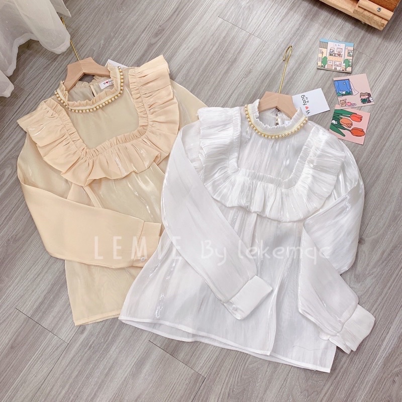 Áo Sơ Mi Trắng Tơ Óng Kiểu Mới Tiểu Thư Bánh Bèo Siêu Xinh , Áo Tay Bồng Cổ Viền Bèo A20