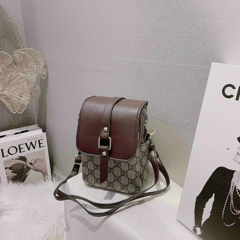 Túi Đeo Chéo Túi Đựng Điện Thoại Dáng Đứng 2 Khoá Chữ Nâu Siêu Xinh