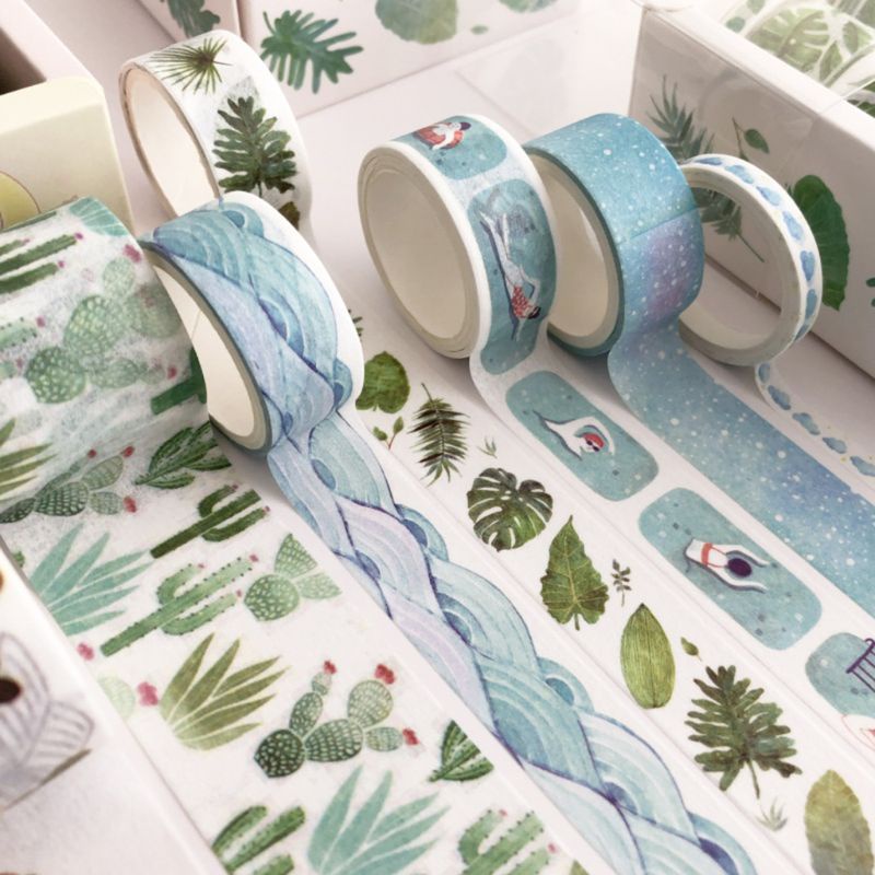 Bộ 8 Cuộn Băng Keo Washi Màu Xanh Lá Dùng Trang Trí DIY