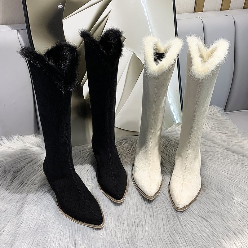 Boots đùi cổ lông tiểu thư hot douyin cho mùa đông mới nhất 2022, hàng quảng châu loại đẹp