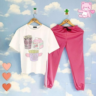 [COMBO TIẾT KIỆM] Set áo tay lửng quần thun 2 sọc HỒNG unisex, quần dài 2 sọc, 3 sọc Áo tay lỡ và quần thể thao PINK