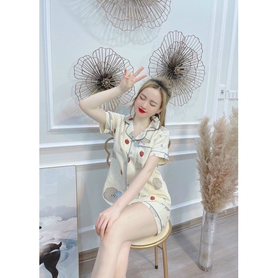 Bộ pijamas chất đũi hoạ tiết nhiều hình mặc nhà, Đồ ngủ xinh quần đùi áo cộc mặc mát cho mùa hè