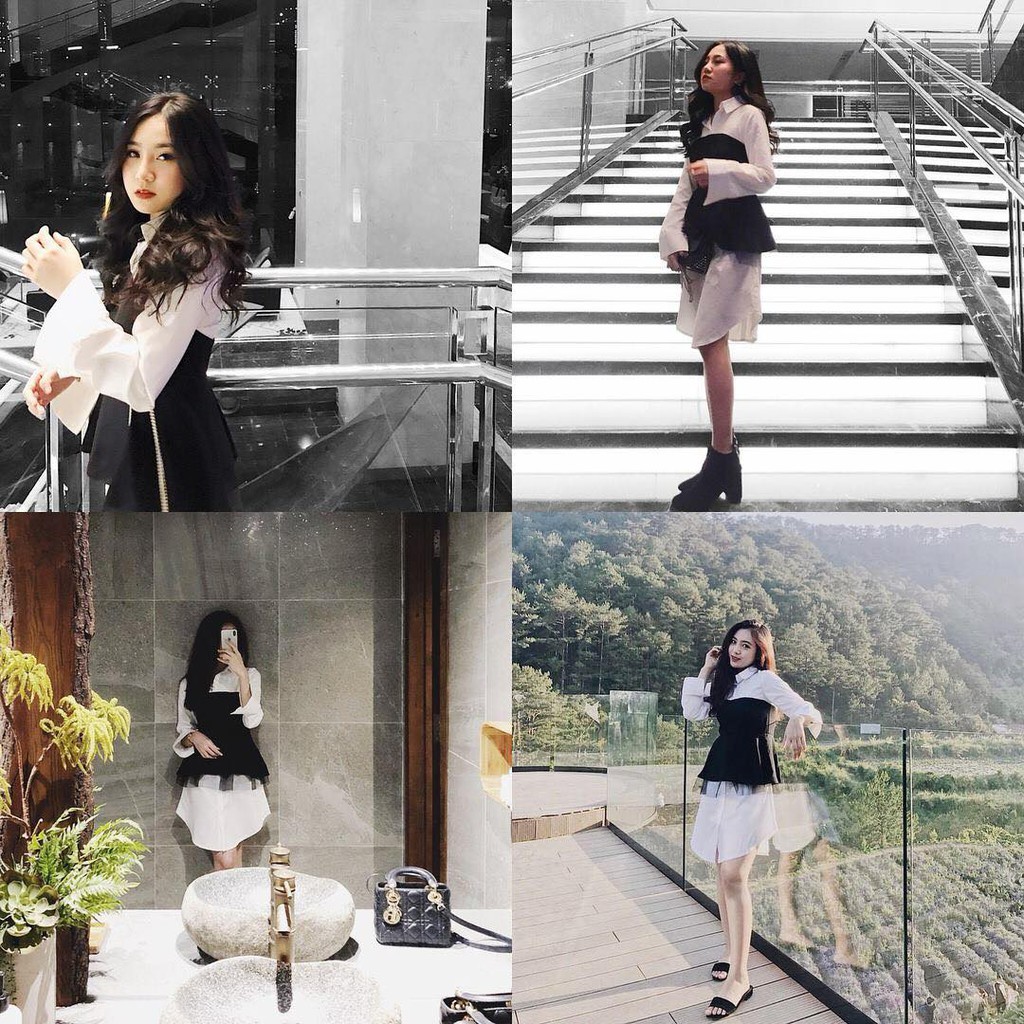 [HÌNH THẬT] Đầm Sơ Mi Peplum Phối Lưới Hàng Cao Cấp 2019 ( Đen Phối Trắng )