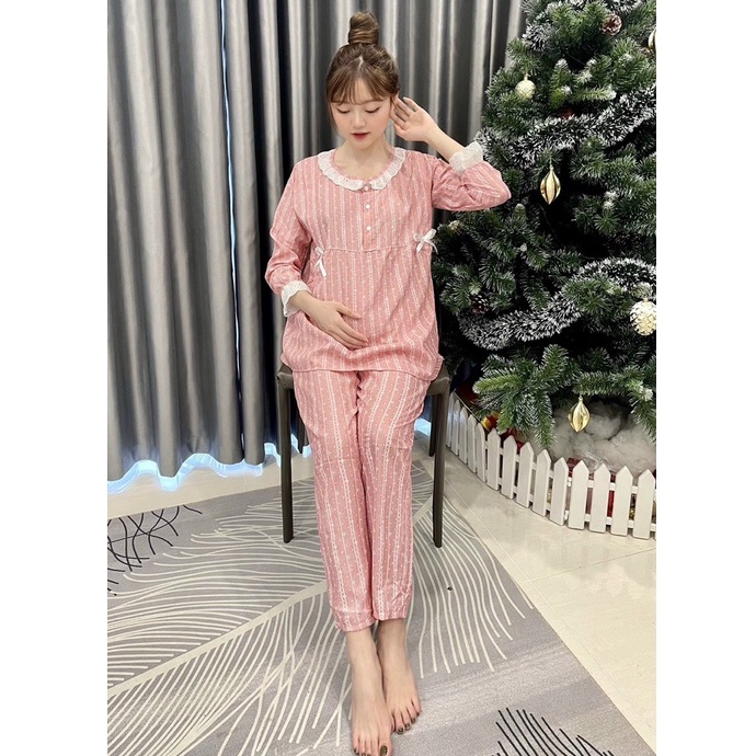 Bộ đồ bầu kết hợp sau sinh cho con bú ti - Bộ dài bầu phối ren