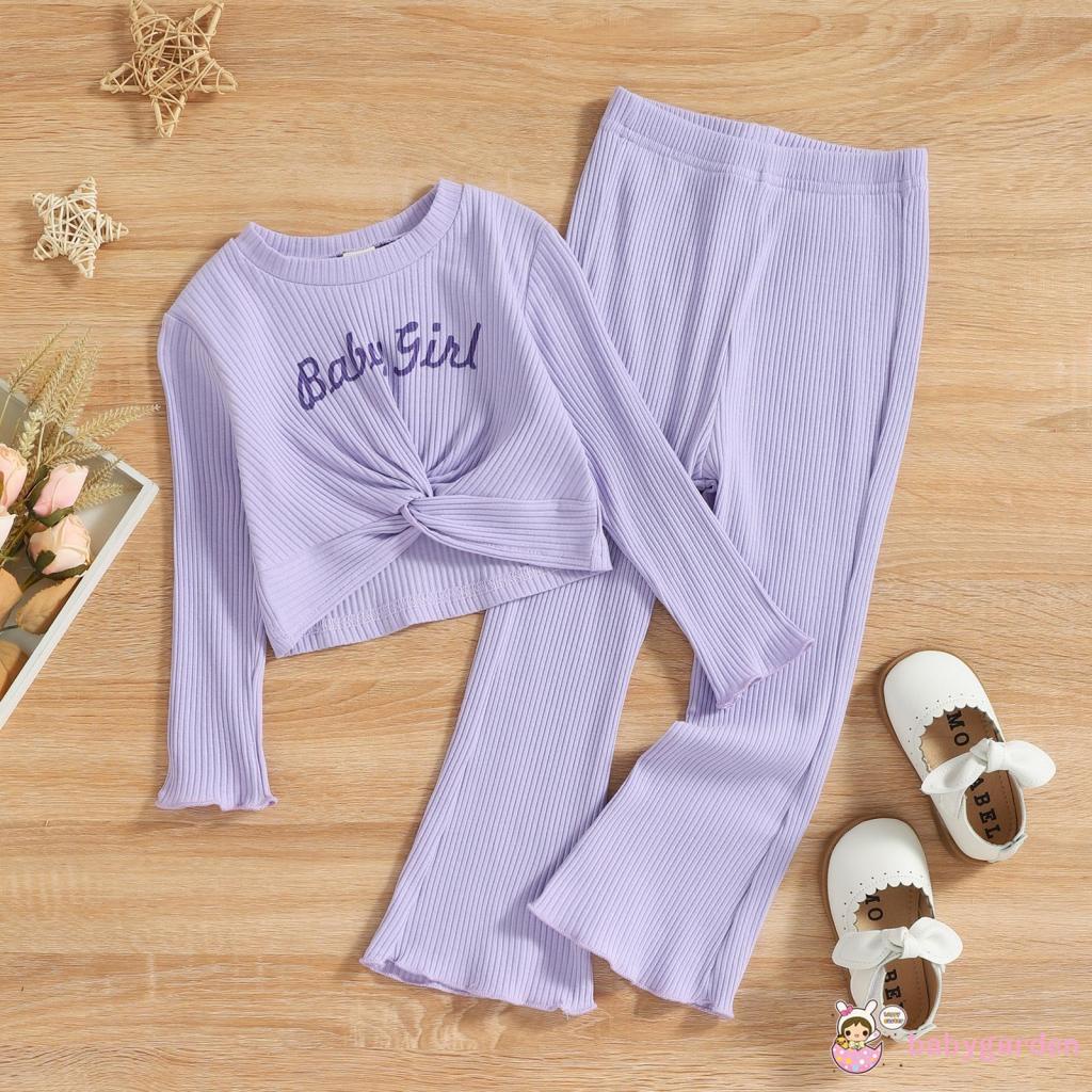 Set Đồ 2 Món Gồm Áo Cổ Thuyền Tay Dài Gân In Chữ + Quần Dài Eo Cao Xếp Ly Cho Bé Gái 2-7 Tuổi